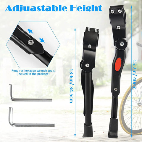Adjustable Bicycle Kickstand With Built In Bike Bell For 22, 24, 26 Inch Kids Bikes And MTB Road And Mountain Rides, size and tools