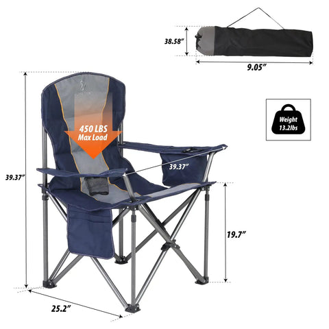 Oversized Folding Camping Chair With Cooler Bag, Side Pocket And Cup Holder, Heavy Duty Portable Lawn Chair For Outdoors, Holds Up To 450 Lbs. Blue chair with steel frame and dimensions shown.