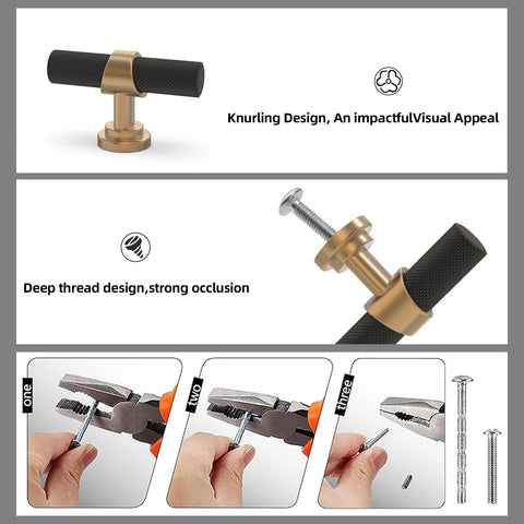 10 Pack Knurled Cabinet Knobs Matte Black And Champagne Bronze Set showing knurling and deep thread design with installation steps.