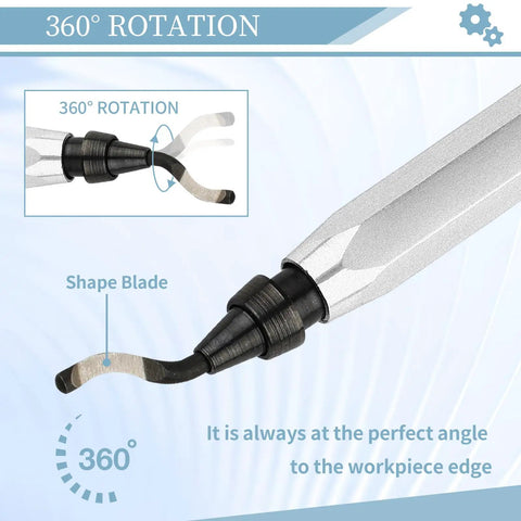 Pro Deburring Tool With 12 HSS Blades showing silver handle and rotating blade for quick edge cleanup and smooth finishes