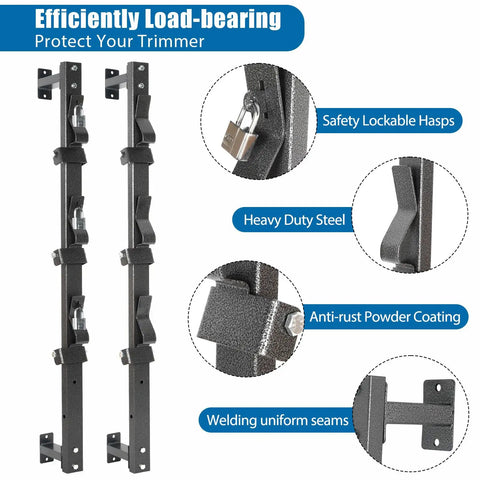 Close-up view of features on Heavy Duty Trimmer Rack, Three-Place Weedeater Organizer For Walls And Trailers With Locks