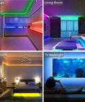 Ultra Long 130ft RGB LED Strip Lights Kit With 44 Keys Remote For Music Sync And Color Changing Mood Lighting Two 65ft Rolls For Bedroom Kitchen Living Room And Home Decor installed in different home settings.