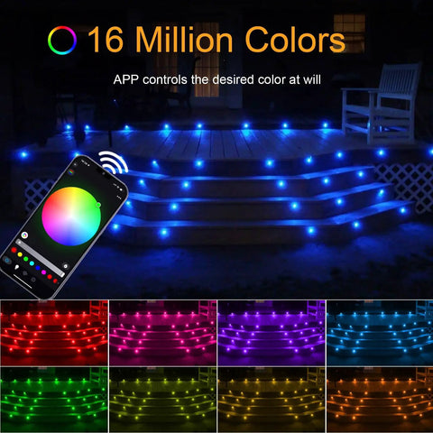 Low Voltage RGB LED Deck Lights Kit Waterproof Recessed Deck Lamps illuminating outdoor stairs with color options