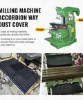 CNC milling machine dust cover set in black rubber; 2-piece accordion guards, front and back views.