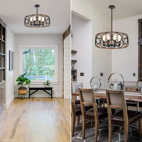 Rustic Black Wood Drum Chandelier With Eight Lights 23.25 Inch Diameter Modern Industrial Pendant in dining room and hallway