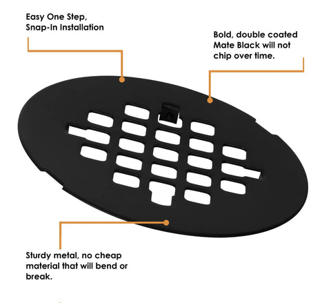 Matte Black 4 1/4 Inch Snap-In Shower Drain Cover Round Grate Replacement 4.25 Inch OD Strainer Easy Install Built Tough In Solid Brass