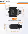 Three Pack 12 Amp Push Button Circuit Breakers With Waterproof Button Caps 125/250V AC And 32V DC Manual Reset Thermal Overload Protectors For Welding Machines Coffee Makers Vending Equipment And Home Appliances, 44.5mm size