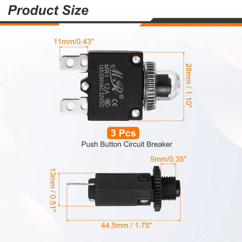 Three Pack 12 Amp Push Button Circuit Breakers With Waterproof Button Caps 125/250V AC And 32V DC Manual Reset Thermal Overload Protectors For Welding Machines Coffee Makers Vending Equipment And Home Appliances, 44.5mm size