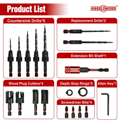 Pro Grade Countersink Drill Bit Set 19 Piece With Seven Tapered Bits Four Wood Plug Cutters Magnetic Extension Shaft