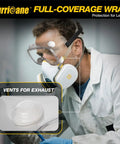 Person wearing 2 Pack PVC Safety Goggles With UV400 Transparent Lenses White Vent Valve Anti Fog Comfort Fit And Adjustable Elastic Band For Work Shop Lab Great For Construction Home Projects And Lab Use.