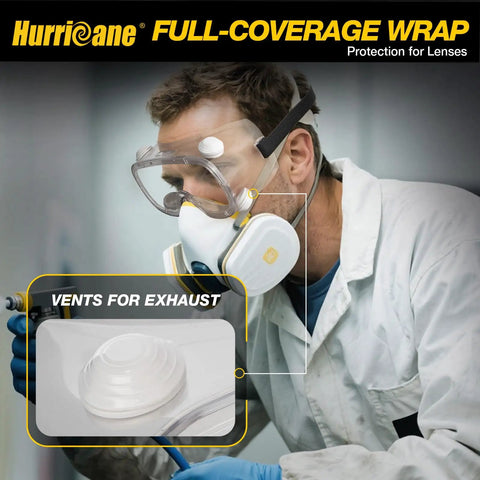 Person wearing 2 Pack PVC Safety Goggles With UV400 Transparent Lenses White Vent Valve Anti Fog Comfort Fit And Adjustable Elastic Band For Work Shop Lab Great For Construction Home Projects And Lab Use.