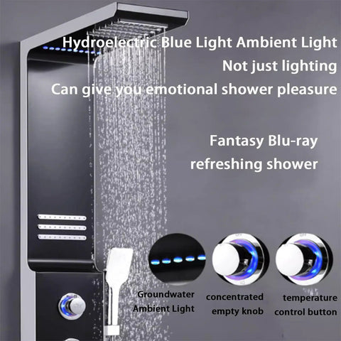 Ultra Slick Wall Mounted Bathroom Shower System Featuring Handheld Sprayer Led Ambient Light Four Position Wand Adjustments, wet shower panel.