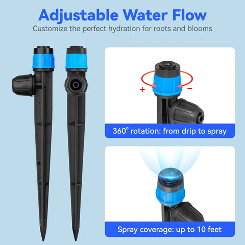 Adjustable Drip Irrigation Drippers 20 Pack Staked Fan Shape Water Flow Bubblers shown with adjustable spray settings