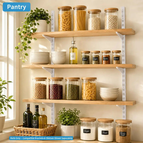 Heavy Duty 5 Inch Adjustable Wire Shelf Brackets Set Of 10 For Closet And Wall Shelving with glass jars in a kitchen pantry
