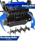Powerful Dethatcher Scarifier For Lawns With 12 Amp Copper Motor 1500W Up To 3300 RPM, showcasing raking and scarifying rollers