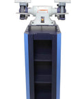 Heavy Duty 8 Inch Pedestal Bench Grinder Paired With A Built In Dust Collector For A Top Shelf Workshop Rig, front view, blue steel, workspace equipment.