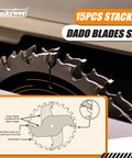 Close-up of 10 Inch Dado Blade Set For Table Saw With 24 Carbide Teeth, Stacked Dado Kit, 15 Piece Premium Case in aluminum case