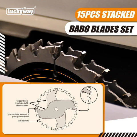 Close-up of 10 Inch Dado Blade Set For Table Saw With 24 Carbide Teeth, Stacked Dado Kit, 15 Piece Premium Case in aluminum case