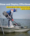 Electric Bow Mount Trolling Motor 12V Beefy 55Lbs Thrust With 48 Inch Shaft And Wireless Remote used on a boat, showing stow and deploy