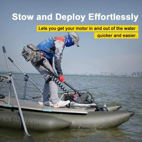 Electric Bow Mount Trolling Motor 12V Beefy 55Lbs Thrust With 48 Inch Shaft And Wireless Remote used on a boat, showing stow and deploy