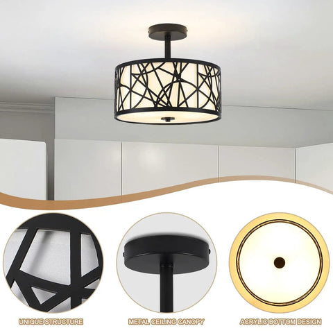 Semi-flush ceiling light with unique patterns, metal canopy, and acrylic bottom in modern room.
