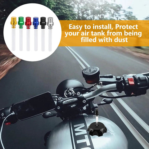 Motorcycle with Six Pack Gas Cap Vent Tube Kit for ATVs, aluminum breather hose, six colors, scenic highway background.