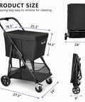 Heavy Duty Grocery Cart On Wheels With Seven Inch Dual Bearing Rubber Wheels And 360 Degree Swivel Brakes dimensions shown