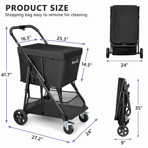 Heavy Duty Grocery Cart On Wheels With Seven Inch Dual Bearing Rubber Wheels And 360 Degree Swivel Brakes dimensions shown