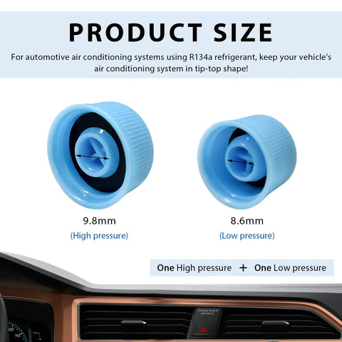 2 Pack Car AC Valve Caps With Leakproof O Ring Seal For R134a Charging Ports, high and low pressure blue plastic caps displayed