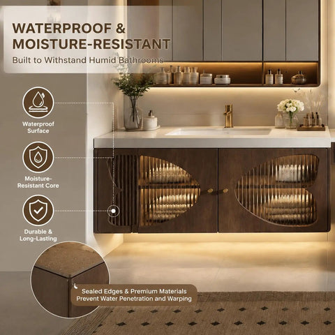 Modern Wall Floating Bathroom Vanity With Integrated Makeup Station And Deep Drawers Delivers A Slick Vibe And Hassle Free Storage For Any Tight Space. Waterproof surface and moisture-resistant core showcased.
