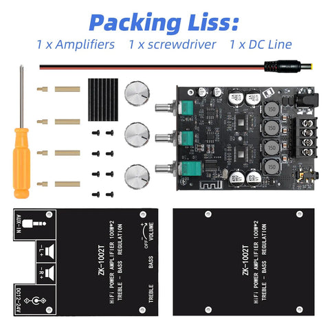 Parts for Beefy Bluetooth 5.0 HiFi Stereo Amplifier Board With 100W Per Channel Subwoofer Ready Treble And Bass Control.