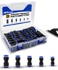 Front view: Brintek 100-piece push-to-connect pneumatic fittings kit in clear case with blue/black fittings