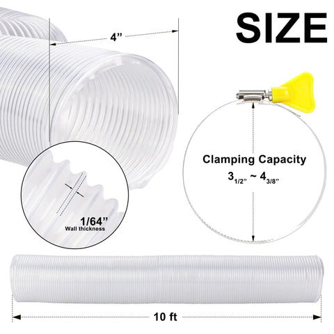 Clear 4 Inch PVC Dust Collection Hose 10 Feet Vacuum Hose For Woodworking; diagram showing size, thickness, and clamps.