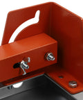 Close-up of Top Shelf Heavy Duty Welding Table With Foldable Legs And Dual Industrial Grade Casters Portable Steel Workbench metal joints and bolts.