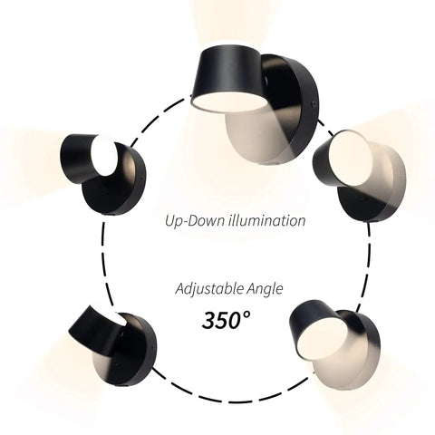 LED Wall Sconce With On/Off Switch And USB Port, 350 Degree Rotatable Up Down Sconce showing adjustable angles, black finish