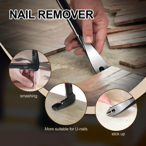 Using the 12 Inch Nail Puller And 10 Inch Mini Crowbar Cats Claw Nail Remover Set For Demolition And Kitchen Remodel Prying Baseboards Multi Sided Forged Steel Carpenter Tools For Heavy Duty Jobs to remove nails from wood flooring.