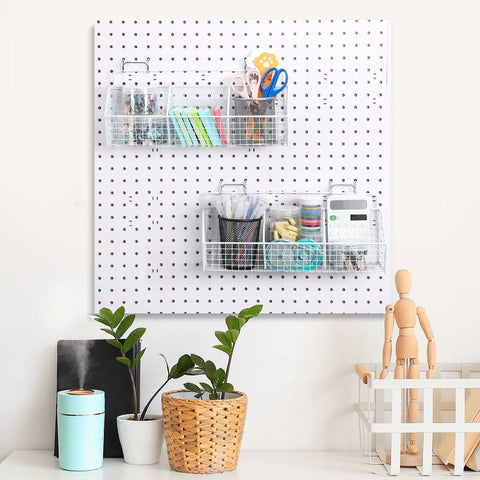 Two Pack 3-Grid Metal Pegboard Baskets With Four Hooks Wall Mount Garage Organizer For Workbench Laundry And Bathroom