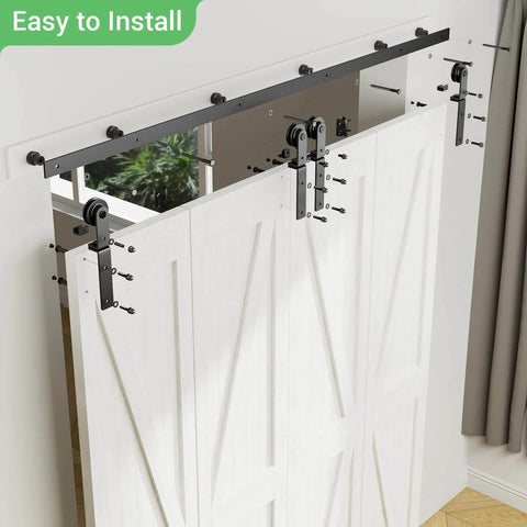 9 Ft Bi Fold Sliding Barn Door Hardware Kit With 108 Inch Rail For Four Doors Up To 26.5 Inches Wide Heavy Duty Steel Roller Hanger System With Quiet Nylon Wheels And 330 Lb Weight Capacity No Door Included installed example