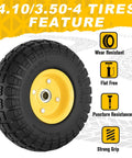 Two Pack 10 Inch Flat Free Solid Rubber Wheel Set For Hand Trucks Wheelbarrows Garden Carts Dollies And Utility Carts 4.10 3.50 4 Tire Axle Bore Five Eighth Inch Hub Offset Two Point Two Inch 220 Pound Dynamic Load, showing wear resistance and flat-free tire features with yellow hub