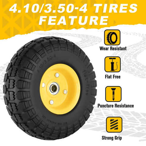 Two Pack 10 Inch Flat Free Solid Rubber Wheel Set For Hand Trucks Wheelbarrows Garden Carts Dollies And Utility Carts 4.10 3.50 4 Tire Axle Bore Five Eighth Inch Hub Offset Two Point Two Inch 220 Pound Dynamic Load, showing wear resistance and flat-free tire features with yellow hub
