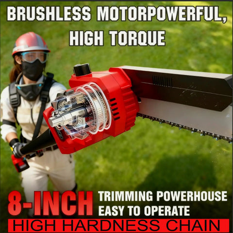 Close-up of Do It All Cordless Pole Saw Kit with 8-inch bar showcasing brushless motor and high hardness chain in action.