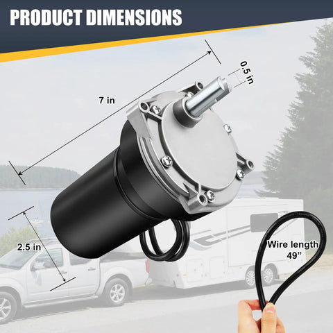 Rear RV Electric Stabilizer Jack Motor Replacement For Lippert Systems showing product dimensions and wire length