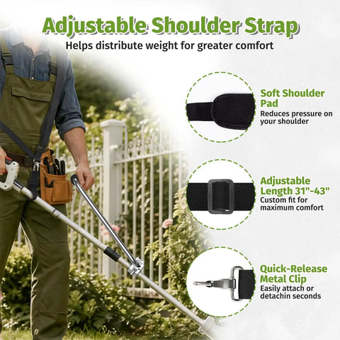 Person using Weed Eater Handle With Shoulder Strap For Back Saving Comfort, Ergonomic Weedeater Handle Extension, outdoors