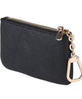 Full Grain Leather Coin Purse And Keychain Wallet With Slick Pull Zipper Closure Handy Card Slots Stylish Matte Black Finish No Fuss Go To Everyday Carry, side view.
