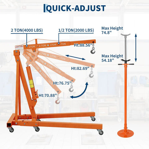 Heavy Duty Two Ton Folding Engine Hoist Plus Three Quarter Ton Underhoist Stand Combo showcasing adjustable heights and hooks.