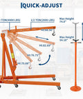 Heavy Duty 2 Ton Folding Hydraulic Engine Hoist With Slick Shop Crane Lift showing height adjustments and vibrant orange finish.