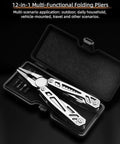 12-in-1 Folding Multitool Pliers with pipe grip, stainless steel build, replaceable bits, safety lock, and hard case