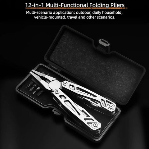 12-in-1 Folding Multitool Pliers with pipe grip, stainless steel build, replaceable bits, safety lock, and hard case
