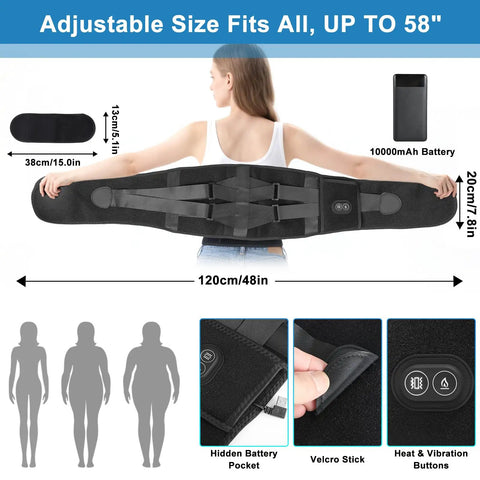 Person using Cordless Back Heating Pad With 3 Heat Levels And 3 Vibration Modes, 10000mAh Portable Massager, showing adjustable straps.