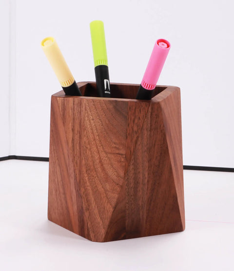 Black Walnut Wood Pen Holder For Desk with pens, sleek design, modern pencil cup organizer, luxury wood accessory for office decor.